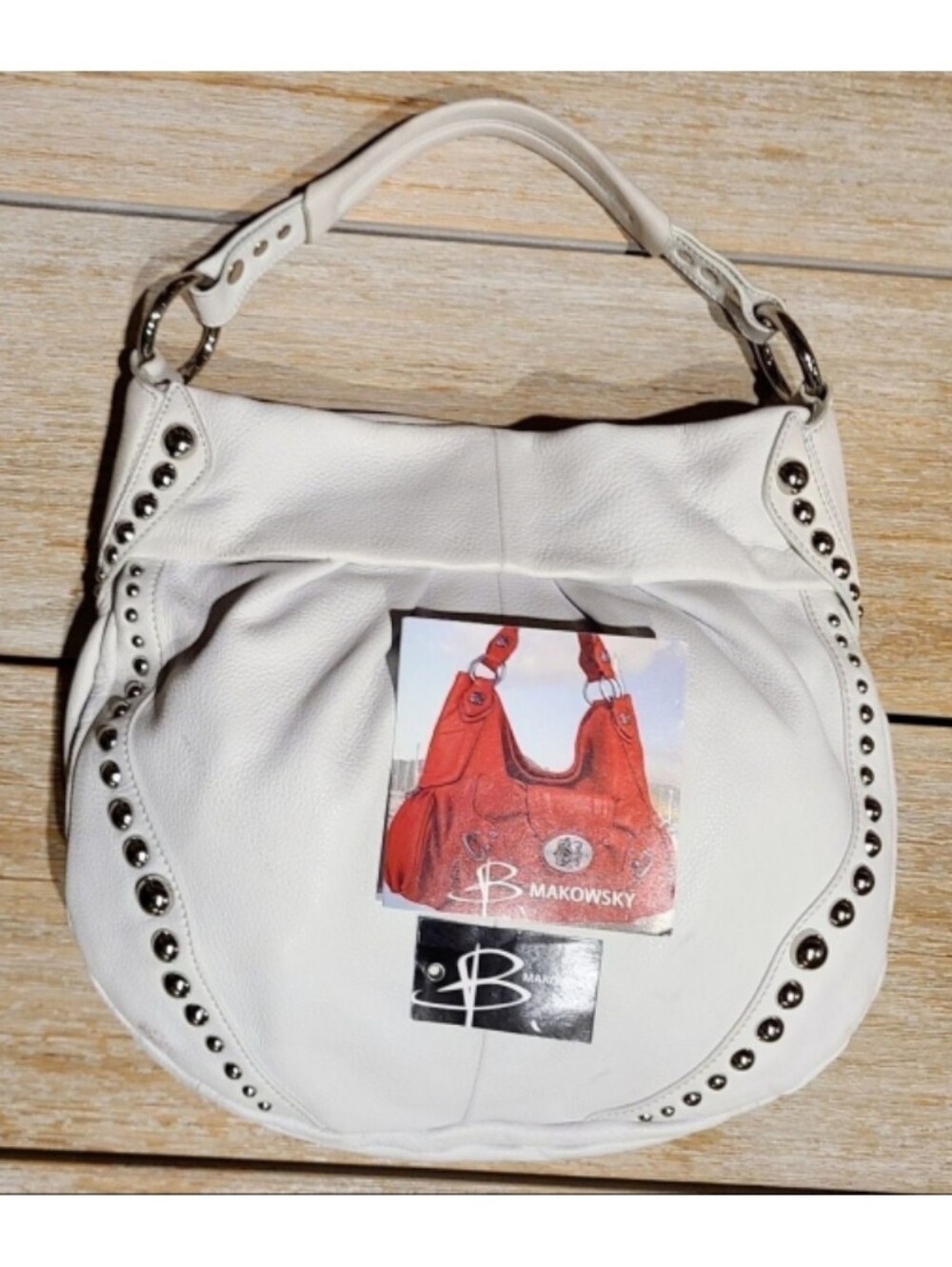 B. Makowsky White Studded Genuine Leather Hobo Bag